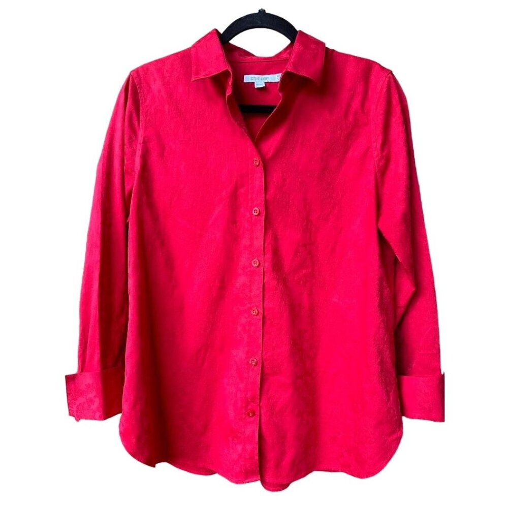 Chico's‎ Red Long Sleeve Button-Up Shirt Size 6 Cotton & Polyester Blend
